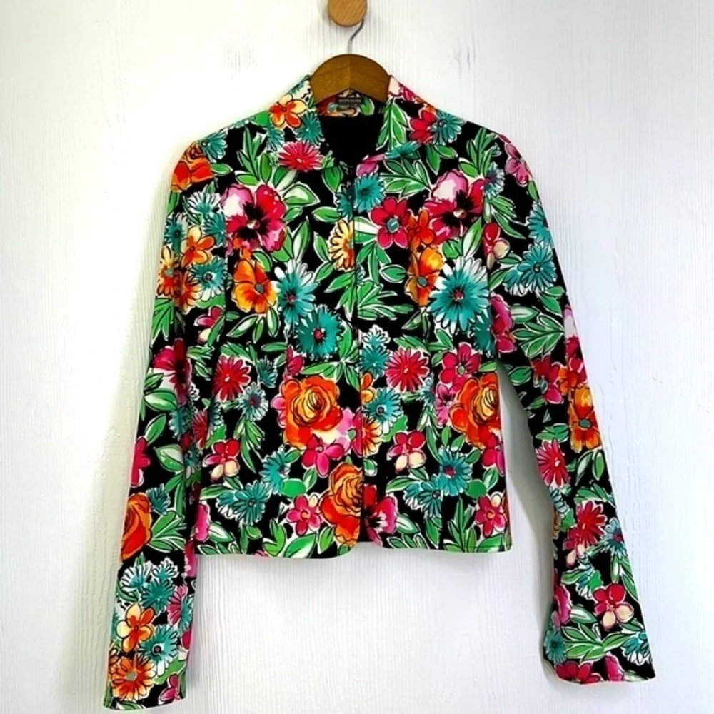 Anthracite - Bright Bold Floral Zip Up Shoulder Pad Blazer Size 4